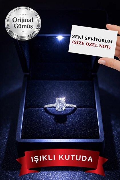Işıklı Kutuda 1 Carat Kadın Oval Gümüş Yüzük (pırlanta Işıltılı)