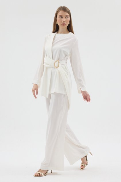 Women's Ecru Belted Asymmetrical Cut Double Suit