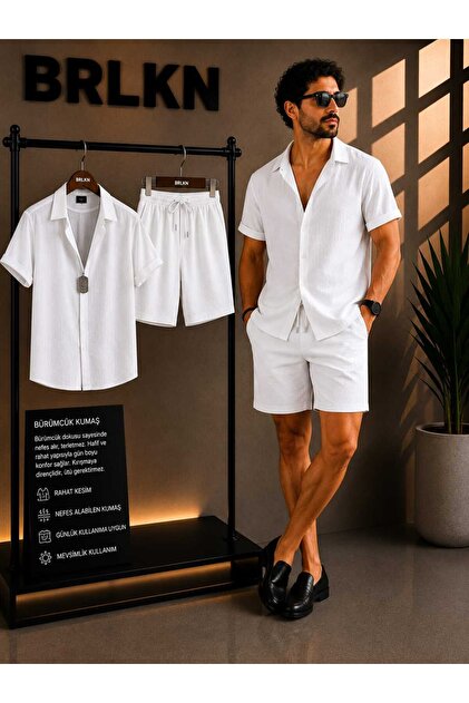 Boyfriend Fit Waffle Fabric Alaçatı Style Unisex Wrinkled Short Sleeve Shirt Shorts Set