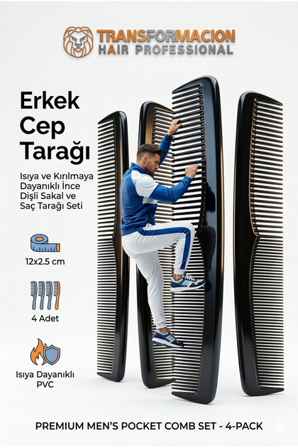 4 Adet Erkek Cep Tarağı Seti - 12 cm Kırılmaz Isıya Dayanıklı İnce Dişli Saç ve Sakal Şekillendirme Tarağı 718894