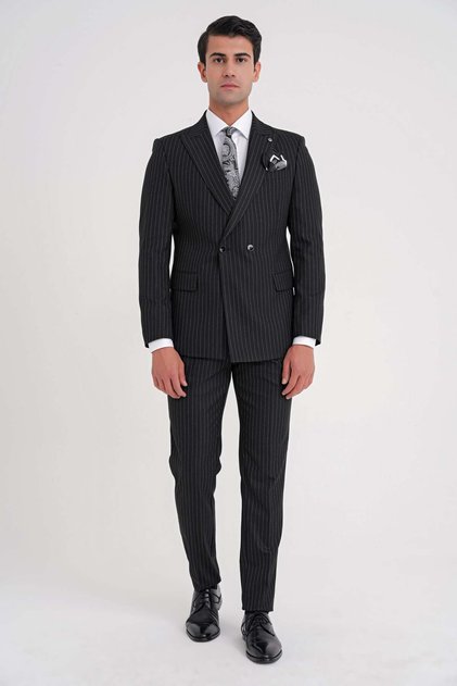 Comfort Fit Double Slit Italian Striped Black Double Breasted Suit Tk 930