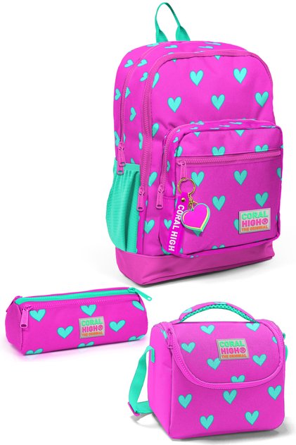 Kids Neon Pink Water Green Heart Patterned 3-Piece School Bag Set SET0123113