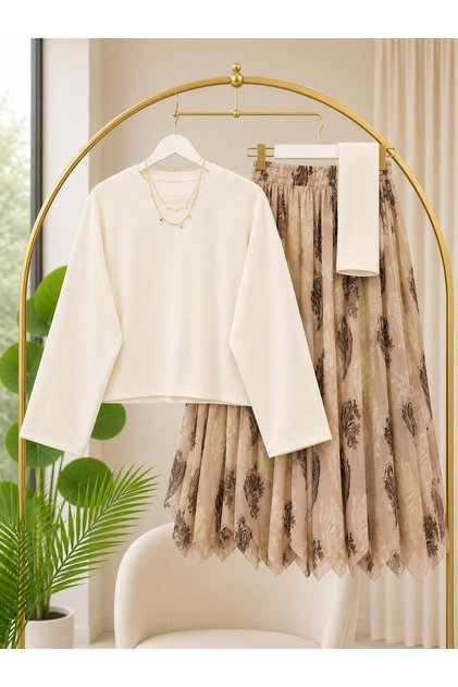 Women's Oy-So Blouse Tulle Patterned Skirt Set -0570 (Excluding Shawl)