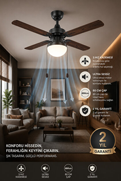 DKF-401 Kahverengi Ahşap Kanatlı Aydınlatmalı Tavan Vantilatörü