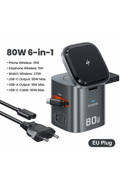 EU Plug 80W 6-in-1 GaN Charging Station Type C PD 65W Retractable Fast Charger Wireles