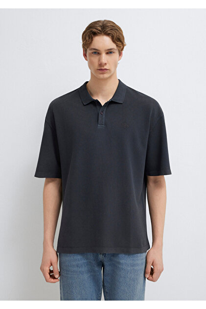 Mavi Antrasit Polo Tişört Oversize / Geniş Kesim 0613619-80106