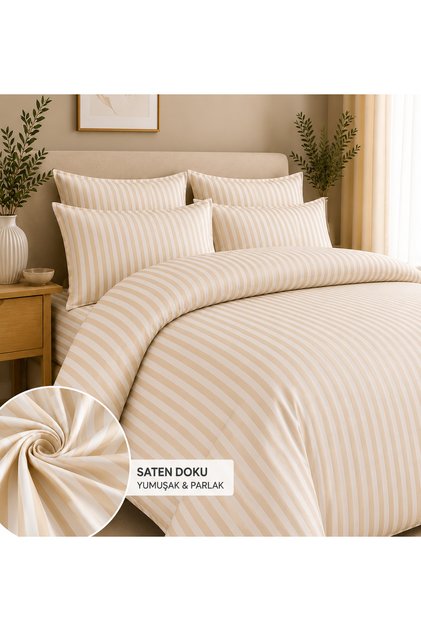 Double Hotel Type 83 Thread Cotton Satin Beige Duvet Cover Set with Elastic