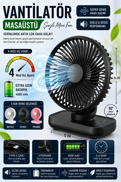 Mini Soğutucu Vantilatör Type-C Şarjlı Masa Üstü Fan Taşınabilir 4 Mod Hız Ayarlı Pervane
