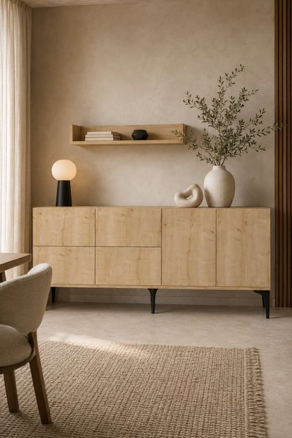 Meşe Kapaklı Konsol ve Duvar Rafı 180x40x72 cm 18 mm Suntalam Siyah Ayaklı Salon Konsolu ve Raf Seti