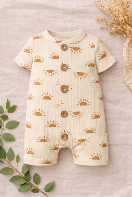 Baby Romper 100% Cotton Summer Short Sleeve Buttoned Bodysuit for Girls and Boys - Brown