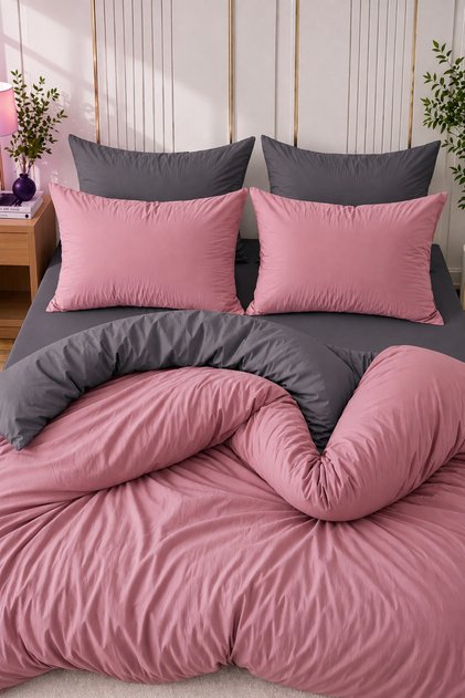 Single Duvet Cover Set with Elastic Sheet Anthracite Dried Rose