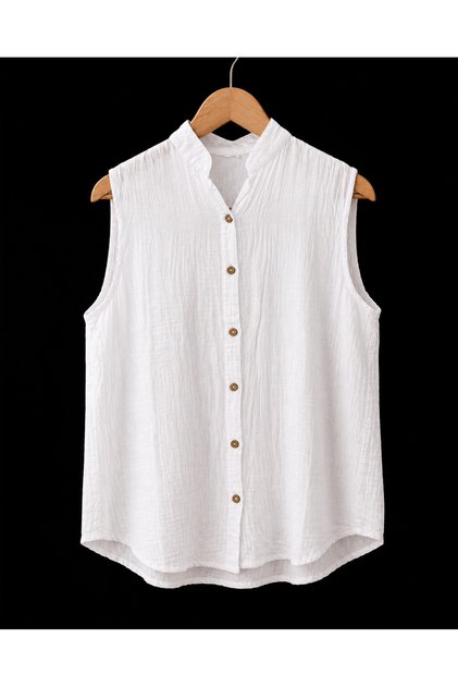 Women's 100% Cotton Muslin Judge Collar Sleeveless Buttoned Shirt Comfortable Fit Summer Blouse