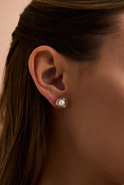 14 Ayar Altın 6 Mm Zirkon Taşlı Doğal Inci Küpe
