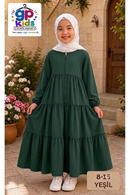 Ki̇ds 3-Layer Gathered Children's Robe – Comfortable Cut Hijab Children's Dress Emerald Green