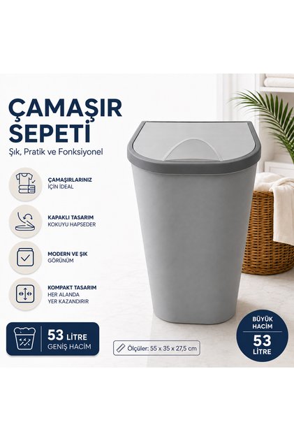 53 Litre Büyük Boy Kapaklı Çamaşır Sepeti Dar Alan Uyumlu Banyo Kirli Sepeti