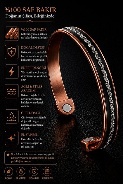 Men's and Women's Copper Bracelet with Steel Twist Chain and Magnet Model Pure Copper Bracelet