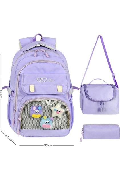 Transparent Luxury Primary-Secondary School Twill 3-Piece Set Bag with Toys, Thermal Lunch Bag and Pen Holder