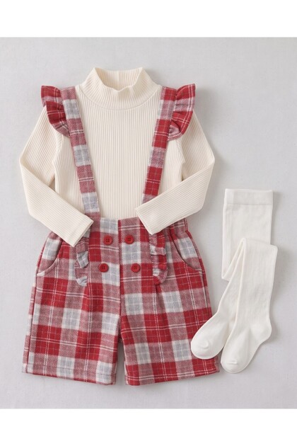 Girl's 2-3-4-5-6 Year Old Plaid Patterned Salopet and Badili 2-Piece Stylish Holiday Dress Socks Gift