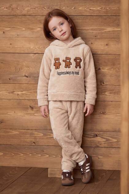 Teddy Bear Embroidered Hooded Plush Girls' 2-Piece Set