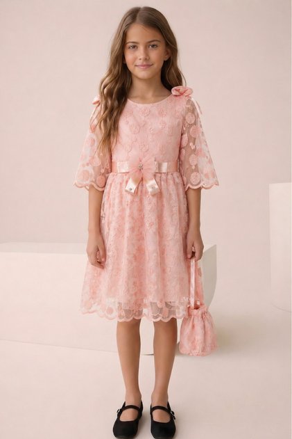 Girl's Lace Detailed Evening Dress with Bag, Special Occasion Birthday Party Dress