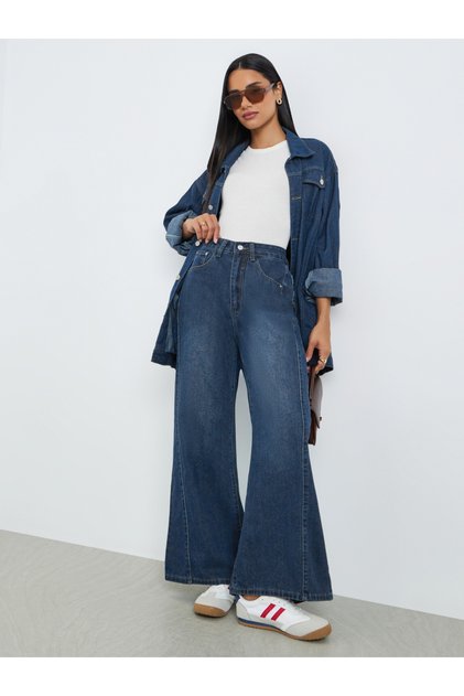 High Rise Cut and Sew Wide Leg Jeans
