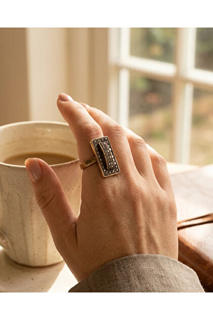 Bronze Vintage Women's Ring Authentic Jewelry Margazite Inlaid Rectangular Adjustable
