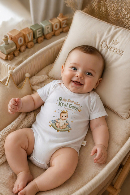 King Written Baby Bodysuit, Baby Boy Bodysuit with Snap Fasteners, White Short Sleeve Bodysuit, Baby Gift 5683-8