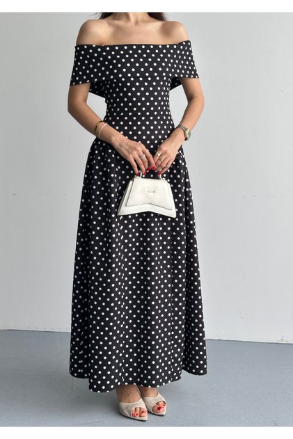 Women's White Black Polka Dot Lycra Boat Neck Long Dress