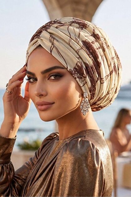 Başak Sarı Kahve Desenli Çift Katlı Drapeli Salaş Bone