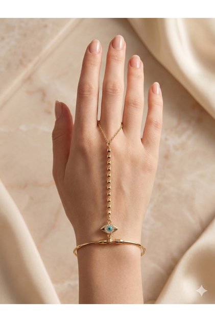 Aura Modern Collection Stainless Steel Shahmeran Bracelet with Eye Detail – Elegant Women's Hand Chain with Geometric Chain, Does Not Tarnish