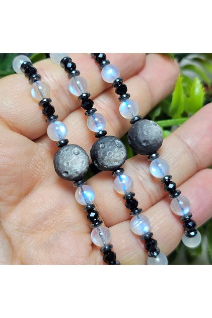 1 Piece - Yakamoz - Moonstone - Silver Obsidian Natural Stone Bracelet (Handmade Designer Products)