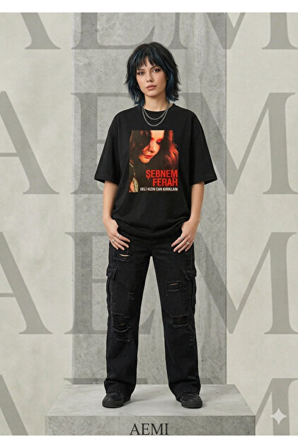 Unisex Şebnem Ferah Printed Oversize Crew Neck Black T-Shirt
