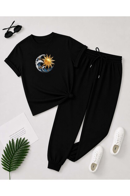 Moon Sun Print Detailed T-Shirt Tracksuit Set