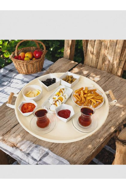 50 cm Round Metal Tray with Wooden Handle Breakfast Tea Coffee Presentation Tray