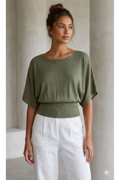 Round Neck Loose Fit Oversize Bat Sleeve Waist-Fitted Gathering Summer Spring Viscose Knitwear Blouse