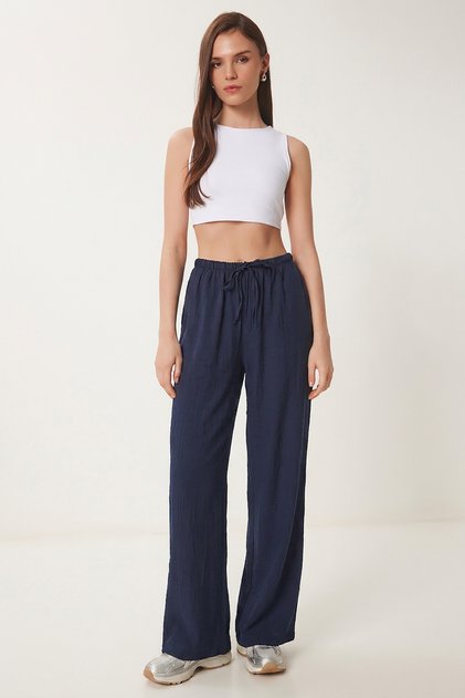 Wide Leg Summer Trousers with Pockets Lub0343 Dark Blue