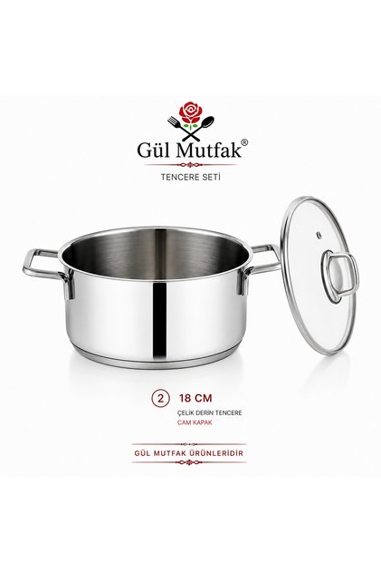 Cam Kapaklı Tabanlı Çelik Tencere 18 cm Paslanmaz Çelik