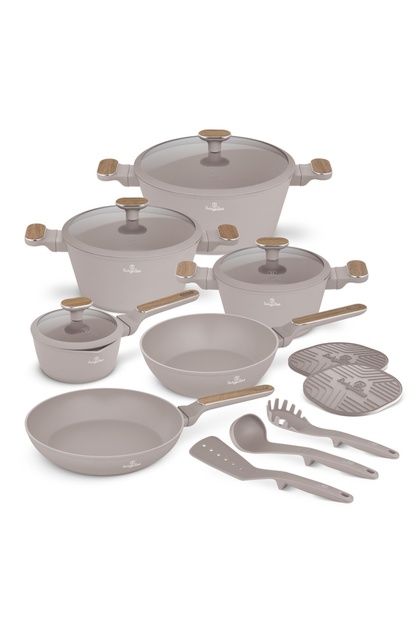 Set de 15 piese de oale și tigăi Nordic Taupe BH 8344, gri, antiaderent, compatibil cu inducția