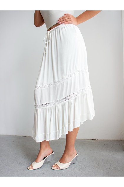 Crep Women's Lace Ribbon Detailed Flounced Bohemian Long Asymmetrical Skirt Ecru