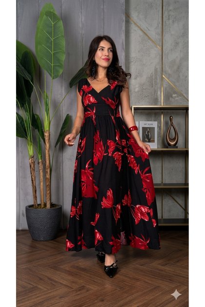 Women's New Season Floral Patterned Slit V-Neck Single Jersey Maxi Length Dress