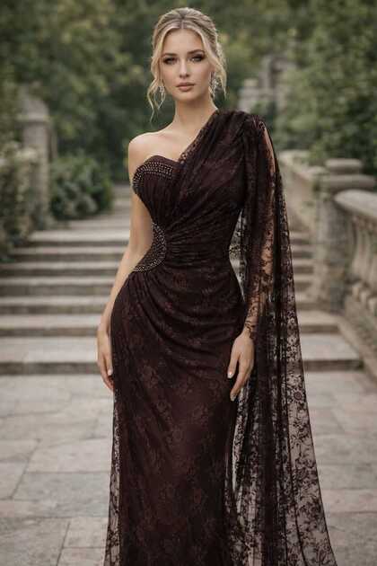 shahad fashion Dark Brown Lace Evening Dress- Trendyol shahad fashion Dark Brown Lace Evening Dress- Trendyol