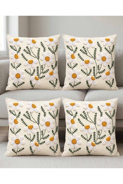 Beige Background Daisy Patterned Punch Embroidery Look Digital Printed Set of 4 Throw Pillow Covers