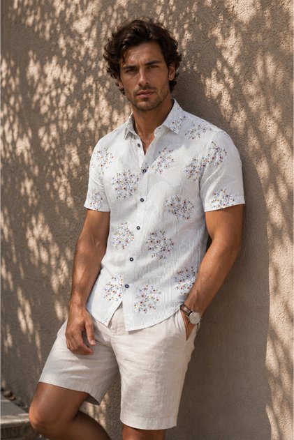 Short-Sleeved Men's Shirt with Lines and Micro-Flower Pattern on a White Background