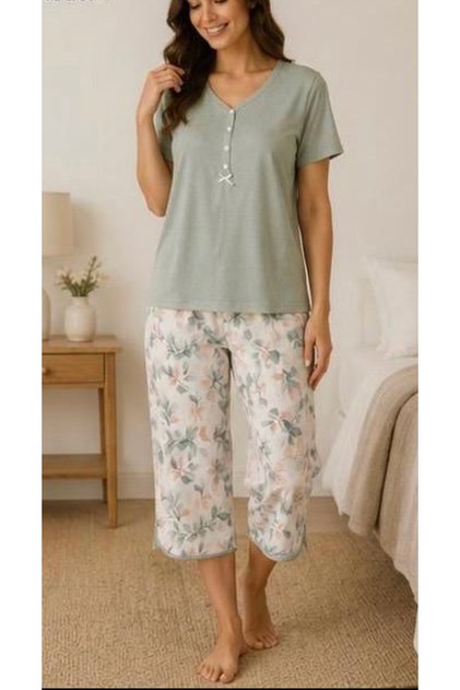 26525-Nena Short Sleeve V-Neck Placketed 100% Cotton Next Capri Pajama Set