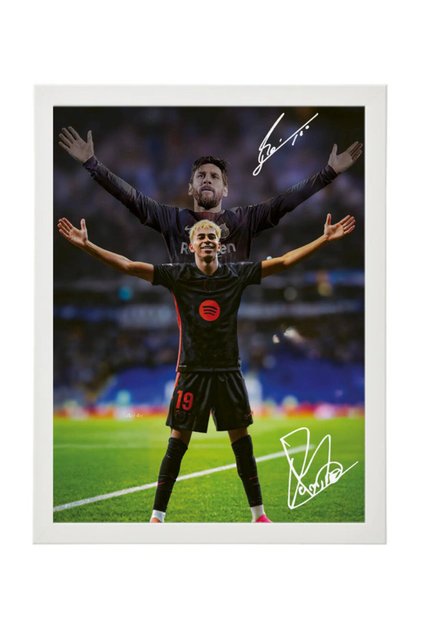 Lamine Yamal and Lionel Messi Barcelona Printed Autograph - Framed Poster 30x40cm - Football Memorabilia, Soccer Collectible, Gift for Fans , Man Cave