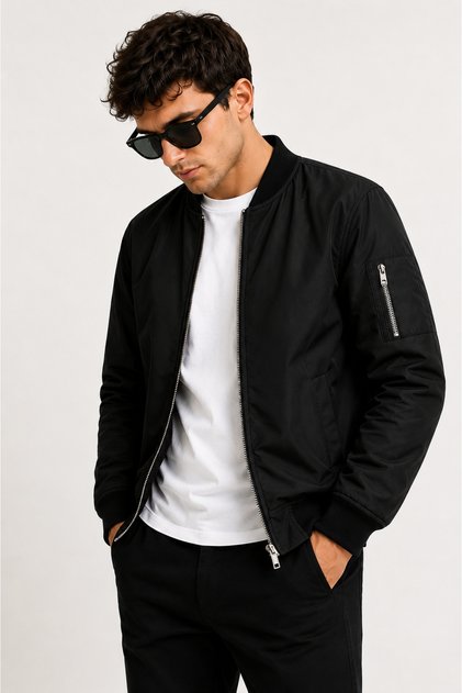 Ανδρικό μαύρο μπουφάν bomber oversize με φερμουάρ και λεπτομέρεια γιακά κολεγιακού τύπου, εποχιακό παλτό