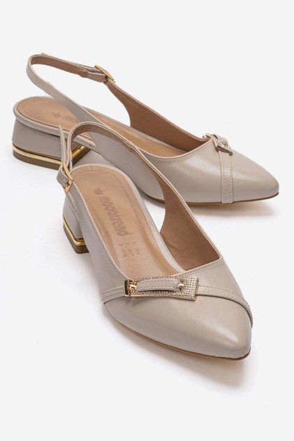 Women's Open-Back Galvanized Pointed-Toe Heeled Shoes with Stone Buckle; Ten Kirişik