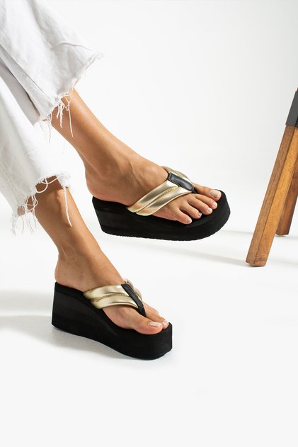 Nora High Platform 7cm Black Leather-Look Women's Flip Flops Beach Slippers