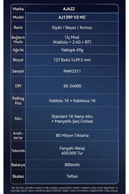 Ajazz Aj139P V3 MC Kablosuz Oyuncu Mouse-800 Mah Batarya RGB Şarj