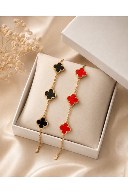 2-Piece Women's Combination Set Anti-Tarnish Steel Clover Model Bracelet Red Black White Gold Color Gift Jewelry